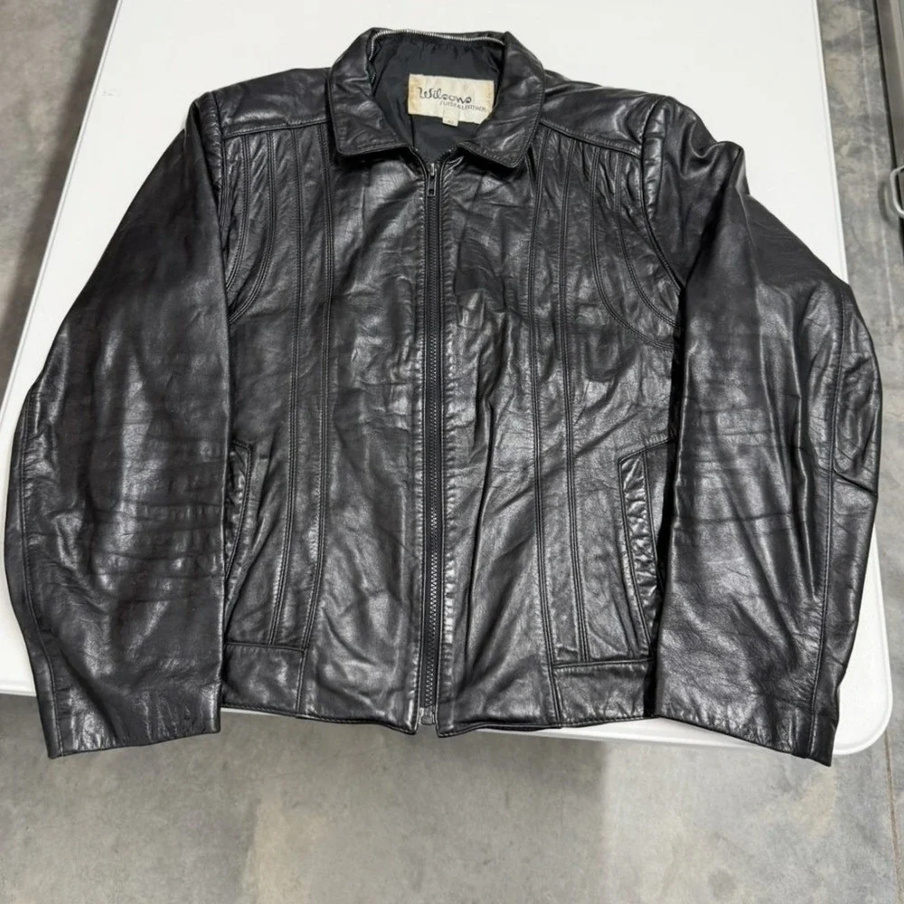 Wilsons Suede & Leather Mens Black Leather Zip Up Jacket Size 42 Vintage Moto - Picture 1 of 7